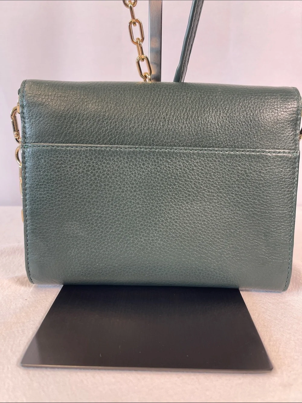 Tory Burch Britten Chain Wallet Crossbody Pebbled Leather Green Gold Authentic